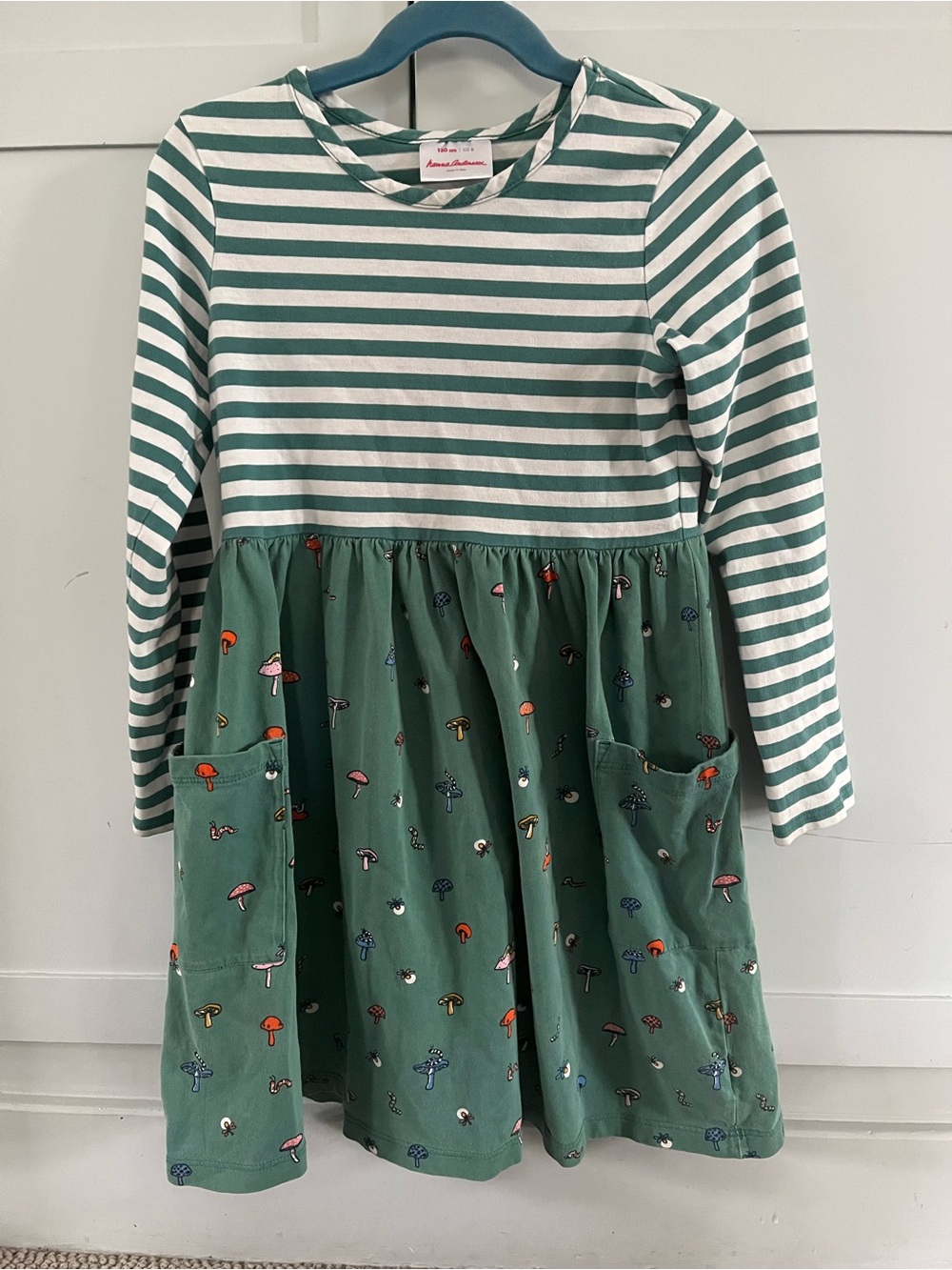Hanna Andersson Green Striped Top with Mushroom Print Skirt Dress